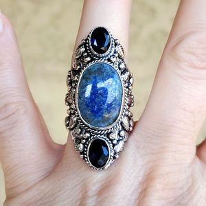 New Huge Lapis Lazuli & Blue Topaz 925 Silver Statement Ring.